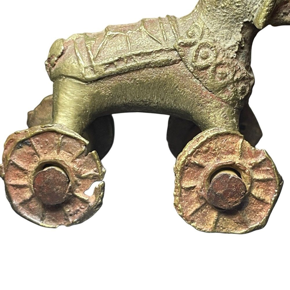 Antique Vintage India Shrine Temple Toy Brass Metal Elephant Rider Wheels Hindu - Picture 7 of 16
